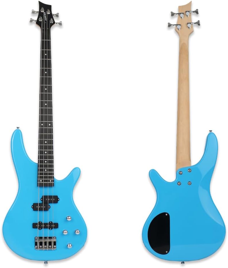 demusea electric bass guitar full size standard 4strings glossy blue 34inch scale length 24frets maple neck phoenix body fixed bridge 2V 2T control for beginner starter practice party show (BL-YIB30) - Image 3